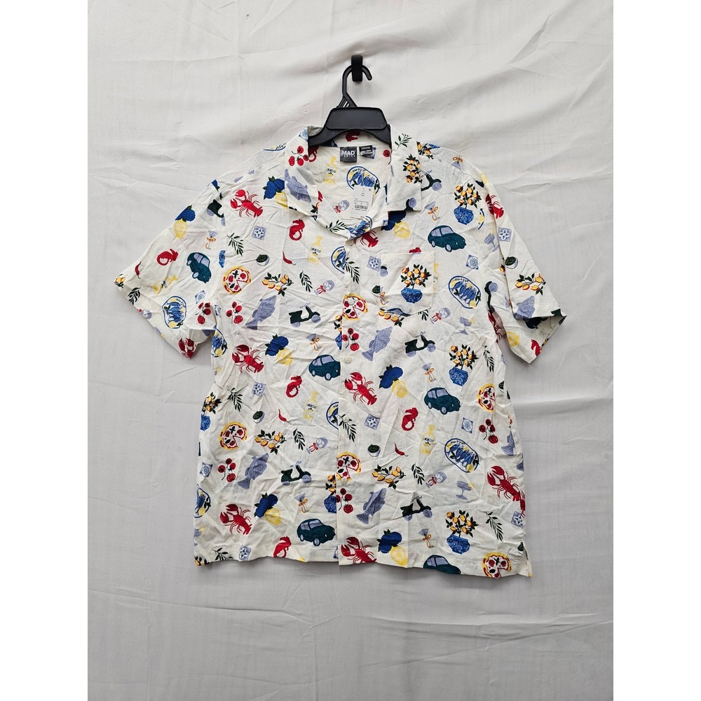 Mad Engine Mens Novelty Print Camp Button Up Shirt Cream Linen Blend Size 2XL